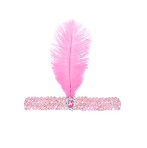 V563-BR-FLAPHEADB-LTPNK-184713-00 1920s FLAPPER HEADBAND Headpiece Feather Sequin Charleston Costume Gatsby Dance - Light Pink - Image 1