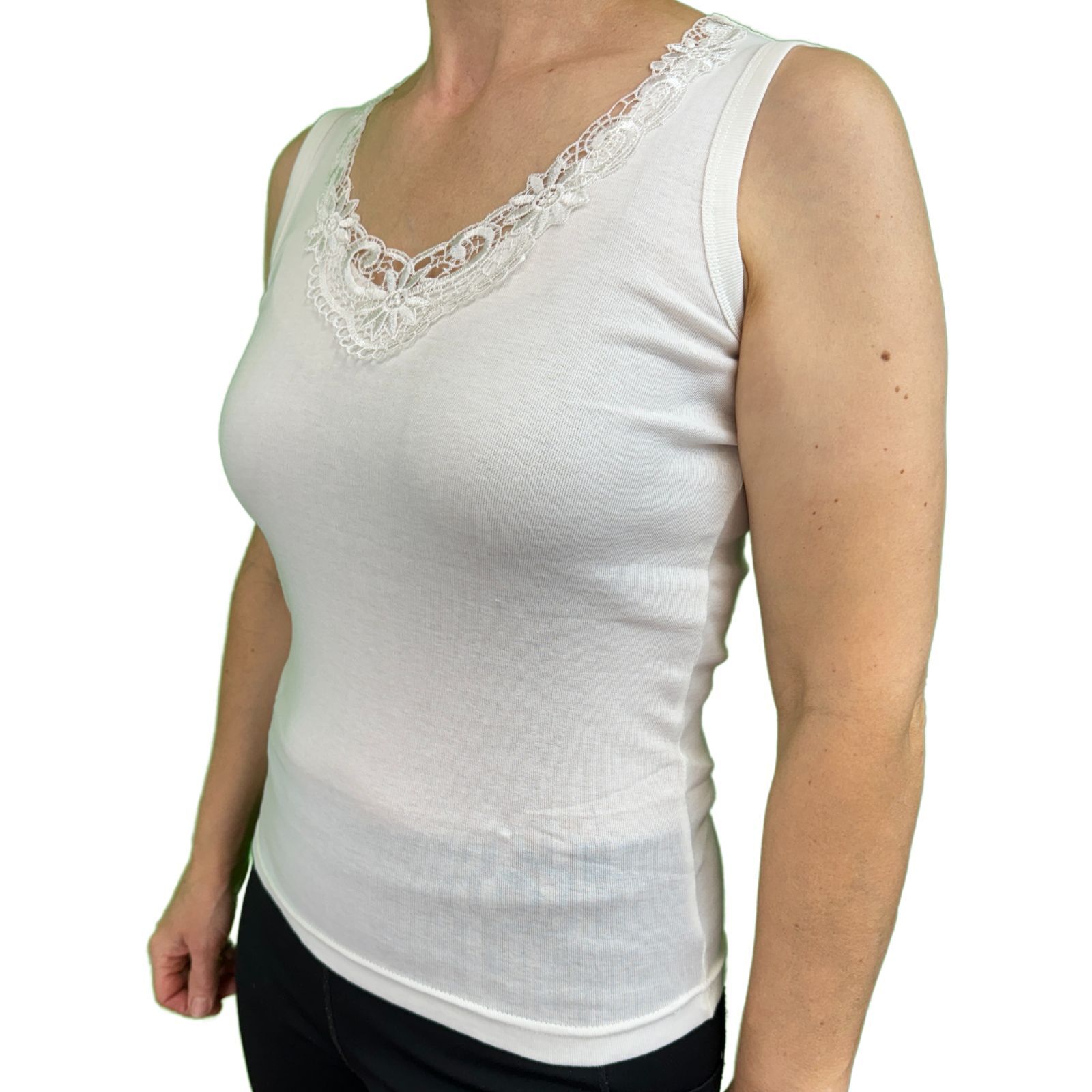 V563-BR-GW0102-NTL-10-12-202503051645-00 Ladies Sleeveless Singlet Top Womens Summer Basic Tank Shirt Lace Motif Front - Natural - 10-12 - Image 1