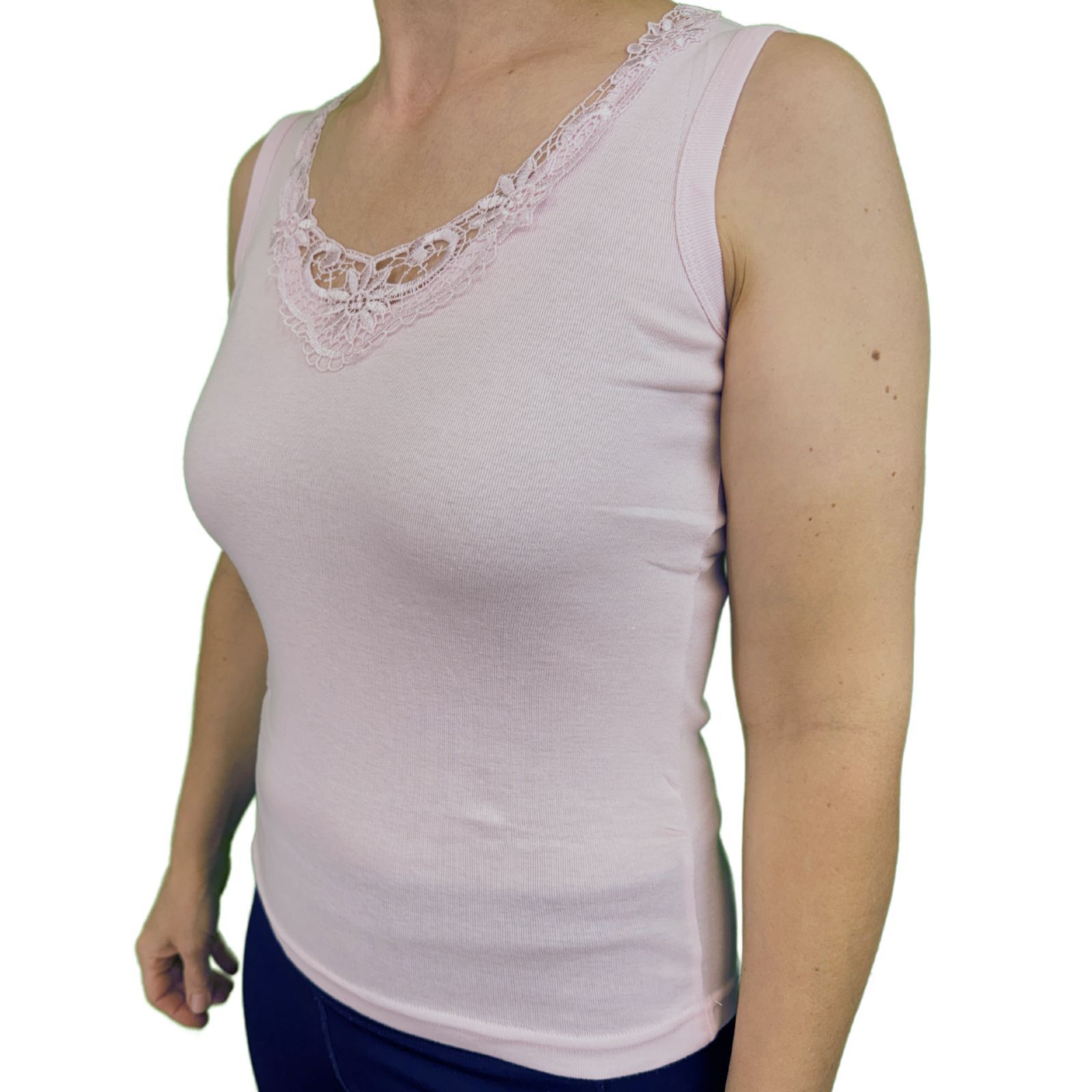 V563-BR-GW0102-PNK-10-12-202503051652-00 Ladies Sleeveless Singlet Top Womens Summer Basic Tank Shirt Lace Motif Front - Pink - 10-12 - Image 1
