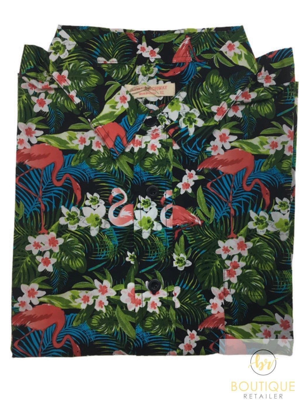 V563-BR-HWNSHT-GRDNFLAM1423-XL-202503051715-00 Mens Oahu Hawaiian Party Shirt Button Hippie Tops Short Sleeve Beach Holiday - Garden Flamingo (1423) - XL - Image 1