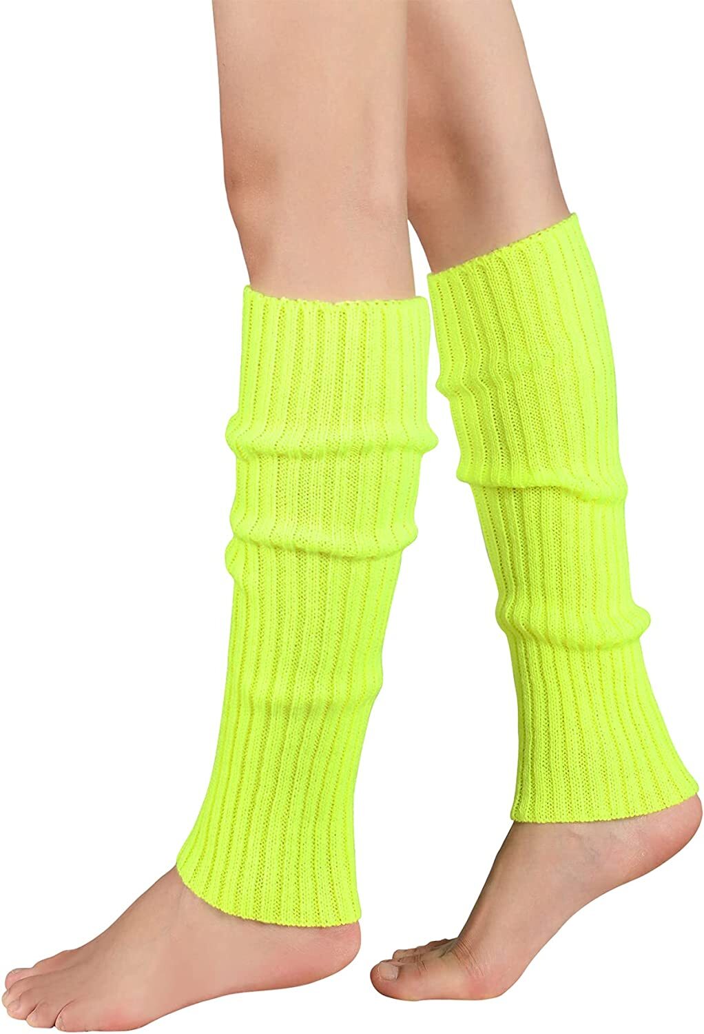 V563-BR-LEGW-FLUYLW-202503052215-00 Pair of Womens Leg Warmers Disco Winter Knit Dance Party Crochet Legging Socks Costume - Fluro Yellow - Image 1
