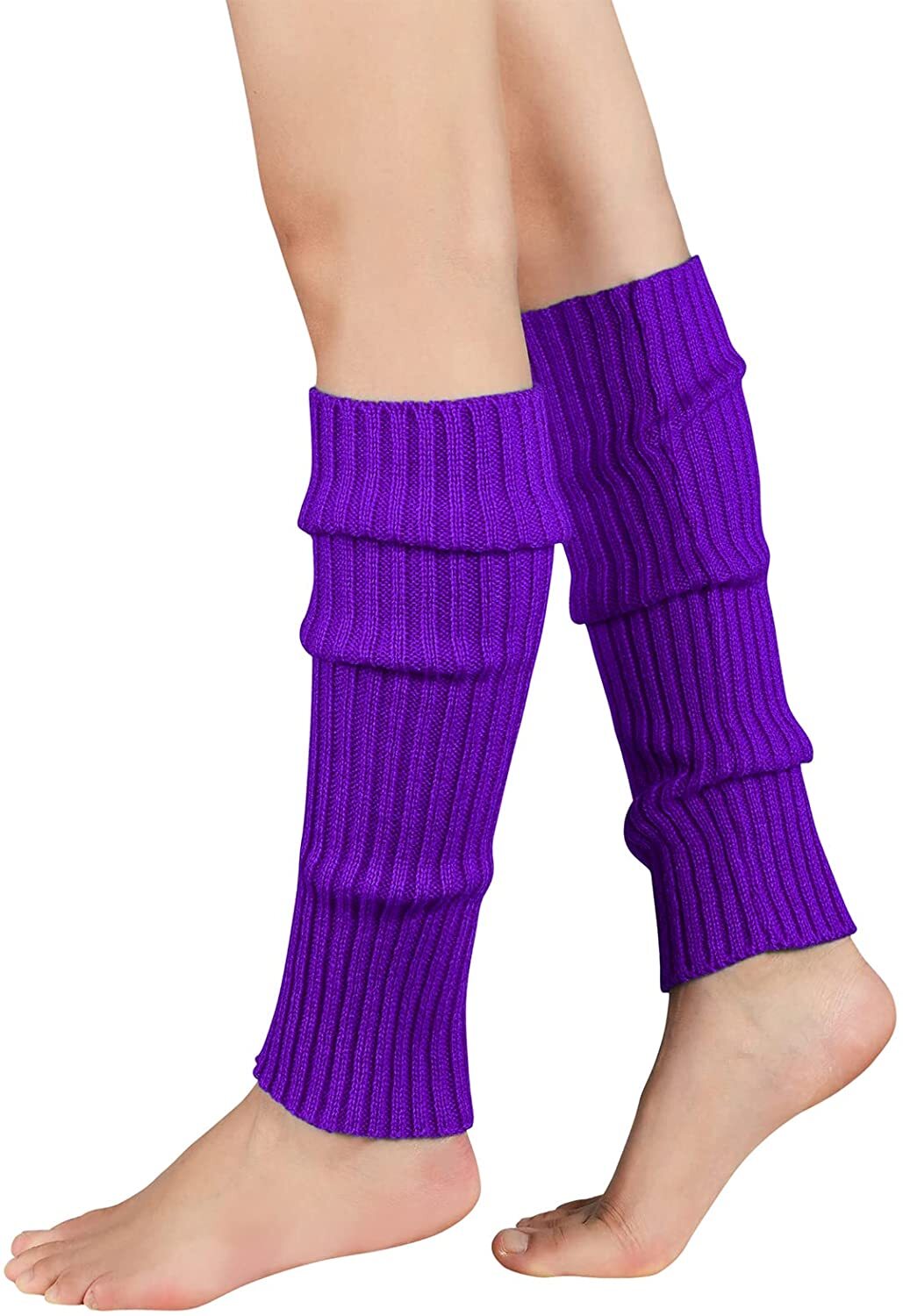 V563-BR-LEGW-PUR-202503052240-00 Pair of Womens Leg Warmers Disco Winter Knit Dance Party Crochet Legging Socks Costume - Purple - Image 1