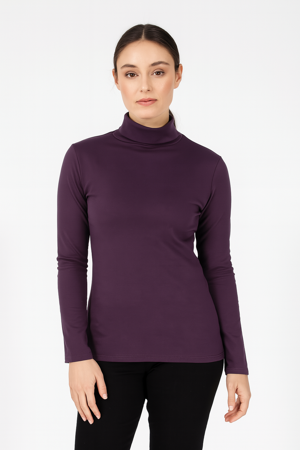 V563-BR-LSKIVV-PLUM-XS-202507251130-00 Ladies SKIVVY Womens Long Sleeve Plain Top Warm Turtleneck Cotton High Neck - Plum - X-Small - Image 1
