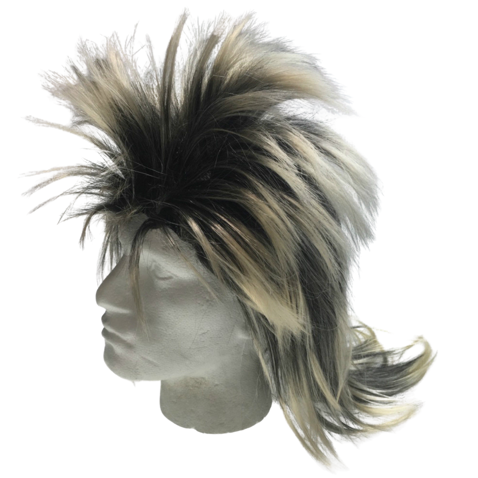 V563-BR-MLSKYWIG-BLK-BLONDE-185136-00 Mens Long SPIKY Wig Rock Punk 80s Fancy Dress Costume Bogan Mullet Spikey - Black/Blonde - Image 1