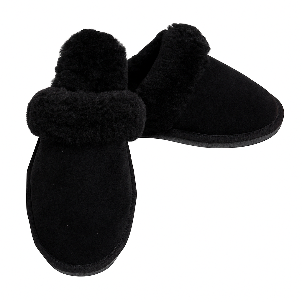 V563-BR-SHEEPSCUFFS-BLKFR-10-202506231235-00 Sheepskin Wool Womens Slippers Scuffs Slip On Winter Ugg Slippers in Black - 10 - Image 1