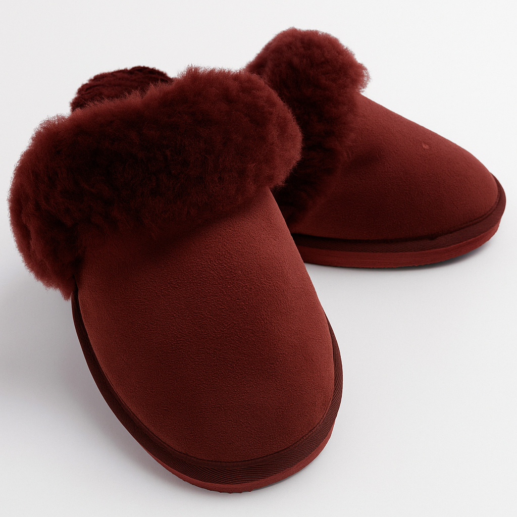 V563-BR-SHEEPSCUFFS-REDFR-6-202506231240-00 Sheepskin Wool Womens Slippers Scuffs Slip On Winter Ugg Slippers in Burgundy/Red - 6 - Image 1