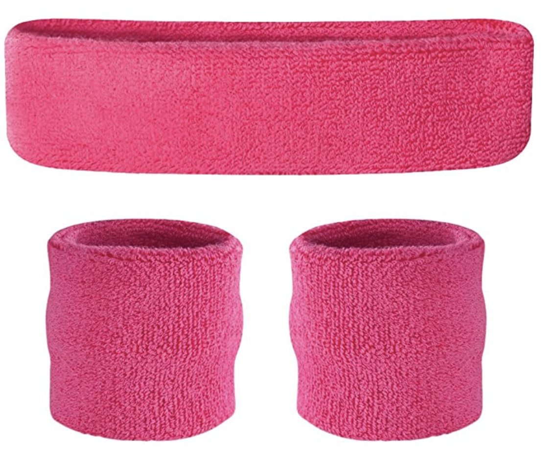 V563-BR-WRISTXHBSET-HTPNK-184604-00 WRISTBAND & HEADBAND SET Tennis Terry Towelling Cotton Sweat Band Team Gym - Hot Pink - Image 1