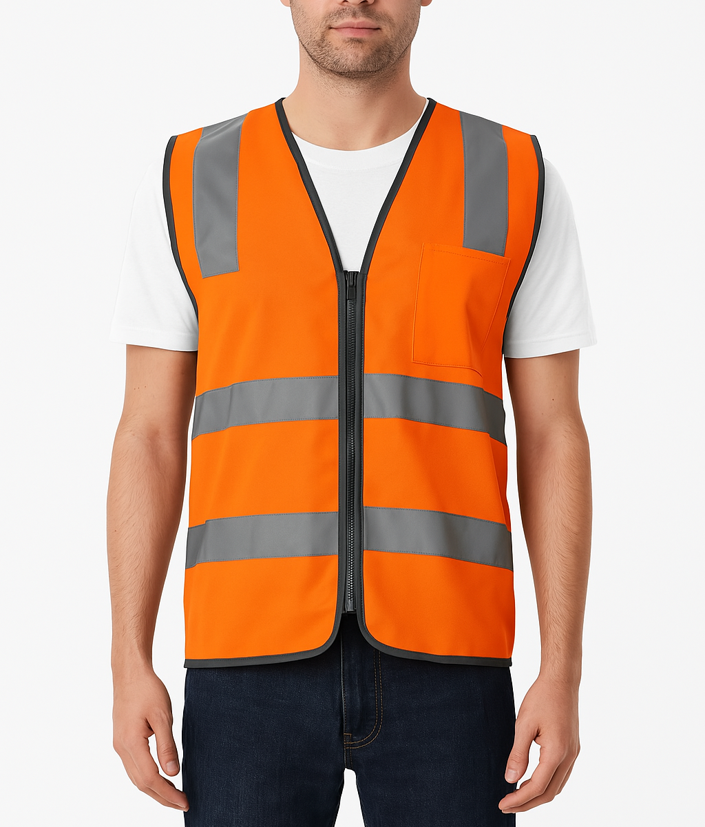 V563-CL-033-ORG-M-202506231245-00 Hi Vis Safety Vest Reflective Tape Zip Up Workwear Pocket High Visibility in Orange - M - Image 1