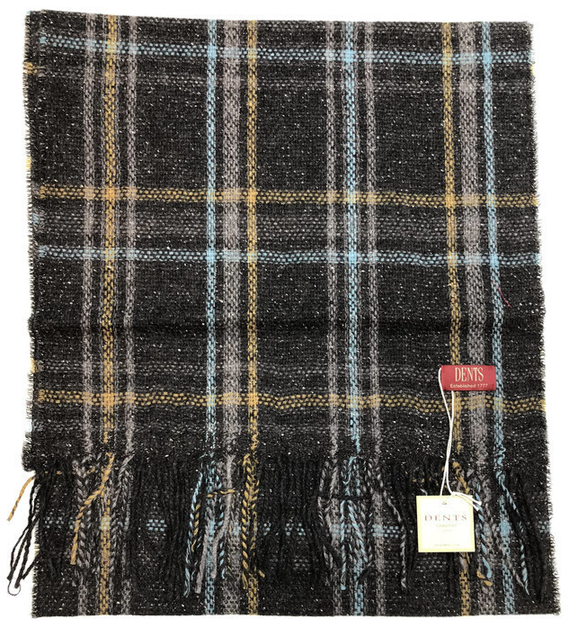 V563-DNTS4-4074-CHL-202503051750-00 DENTS Woven Checked Scarf w Fringed Edges Wool Blend MADE IN ITALY - Charcoal - Image 1