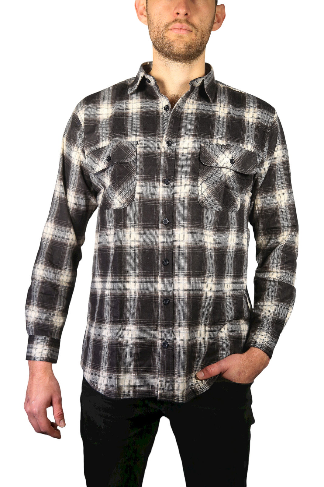 V563-FS-FP20-3XL-202503051906-00 Mens Flannelette Long Sleeve Shirt 100% Cotton Check Authentic Flannel - Full Placket - Black - 3XL - Image 1