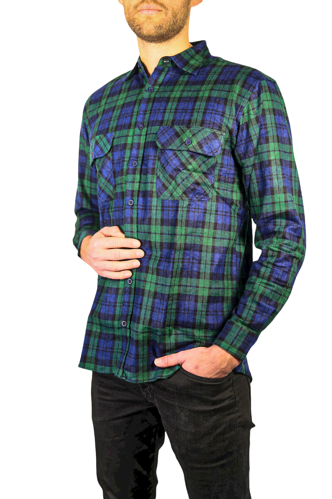 V563-FS-FP20-89-L-202503051905-00 Mens Flannelette Long Sleeve Shirt 100% Cotton Check Authentic Flannel - Full Placket - Green - L - Image 1