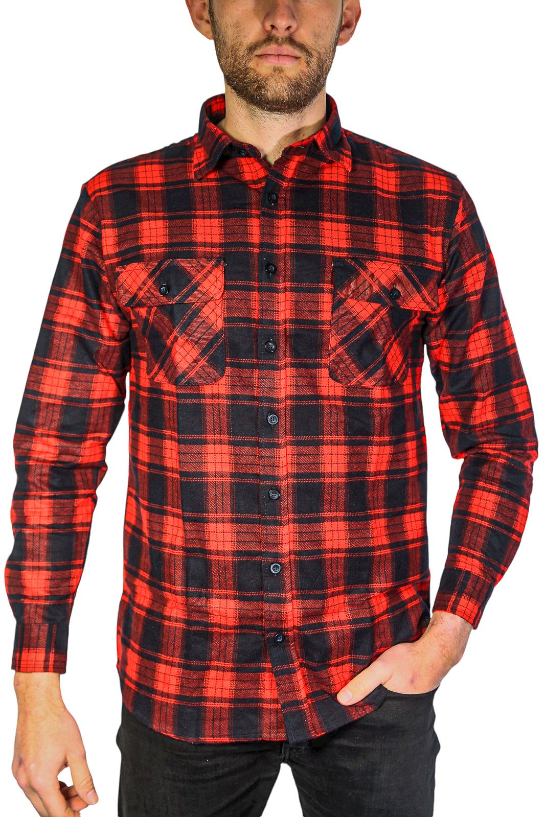 V563-FS-FP20-90-3XL-202503051910-00 Mens Flannelette Long Sleeve Shirt 100% Cotton Check Authentic Flannel - Full Placket - Red - 3XL - Image 1