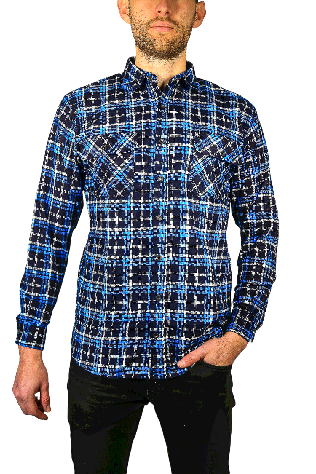 V563-FS-FP21-36-M-202502241345-00 Mens Flannelette Long Sleeve Shirt 100% Cotton Check Authentic Flannel - Full Placket - Turquoise/Black - M - Image 1