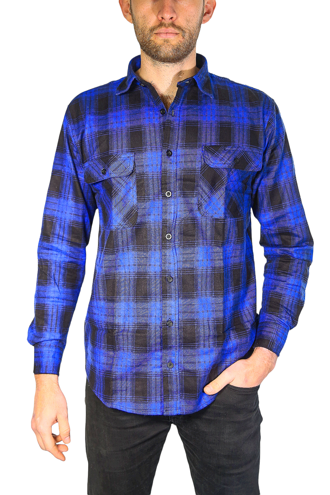 V563-FS-FP21-44-L-202502241340-00 Mens Flannelette Long Sleeve Shirt 100% Cotton Check Authentic Flannel - Full Placket - Royal Blue - L - Image 1