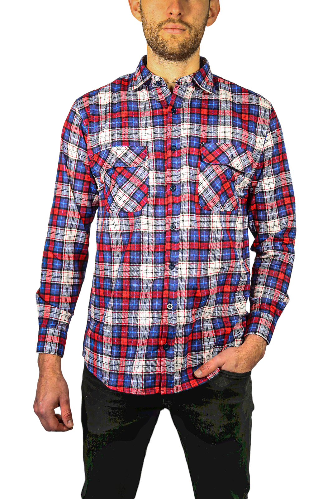 V563-FS-FP21-49-XL-202502241344-00 Mens Flannelette Long Sleeve Shirt 100% Cotton Check Authentic Flannel - Full Placket - Navy/Red/White - XL - Image 1