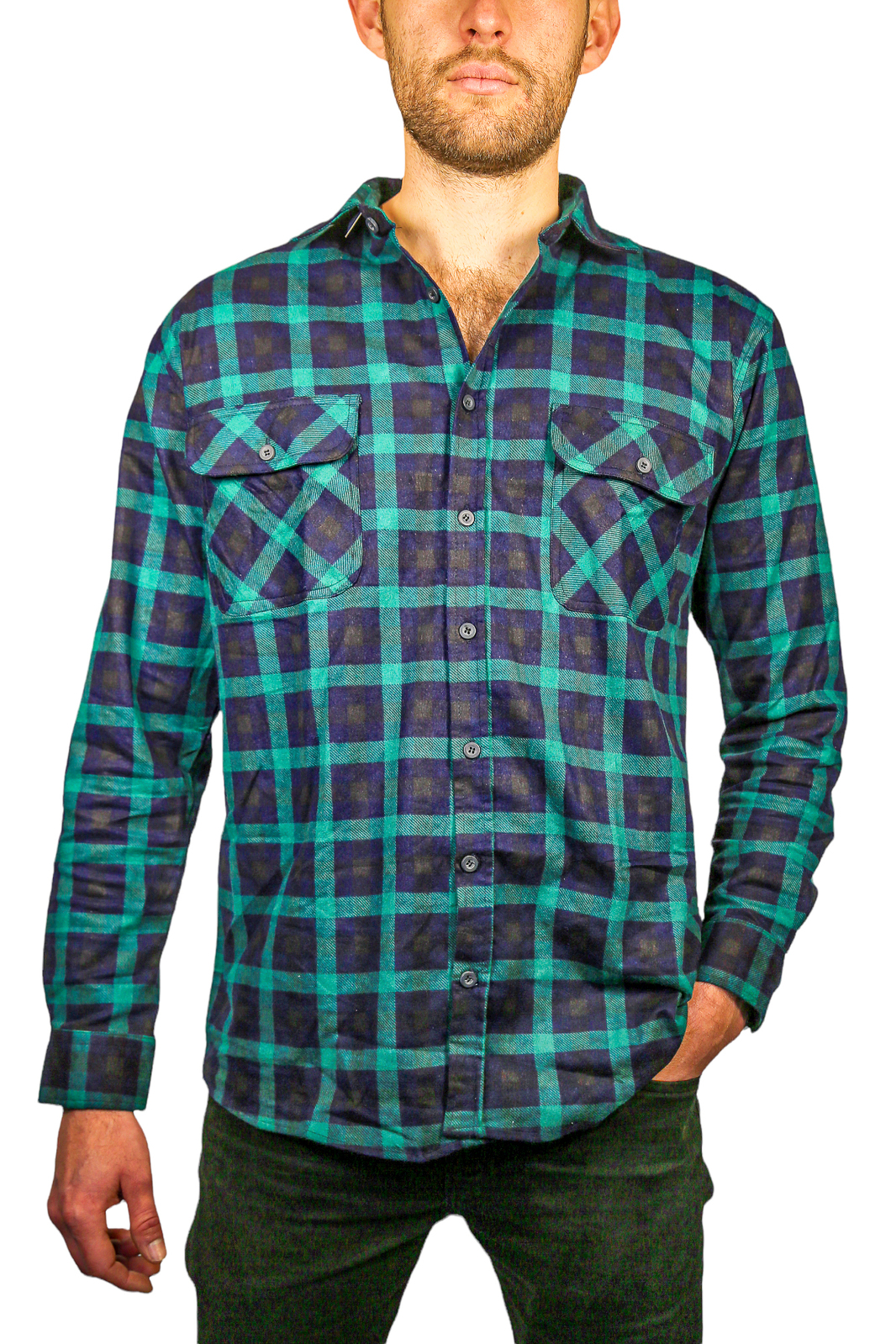 V563-FS-FP22-82-L-202503051931-00 Mens 100% Cotton Flannelette Shirt Long Sleeve Check Authentic Flannel - Green/Navy - L - Image 1