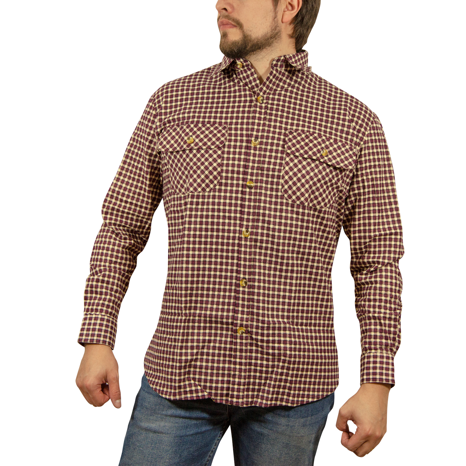V563-FS-FP97-S-202503051505-00 Mens Long Sleeve Flannelette Shirt 100% Cotton Flannel - Burgundy Check - S - Image 1