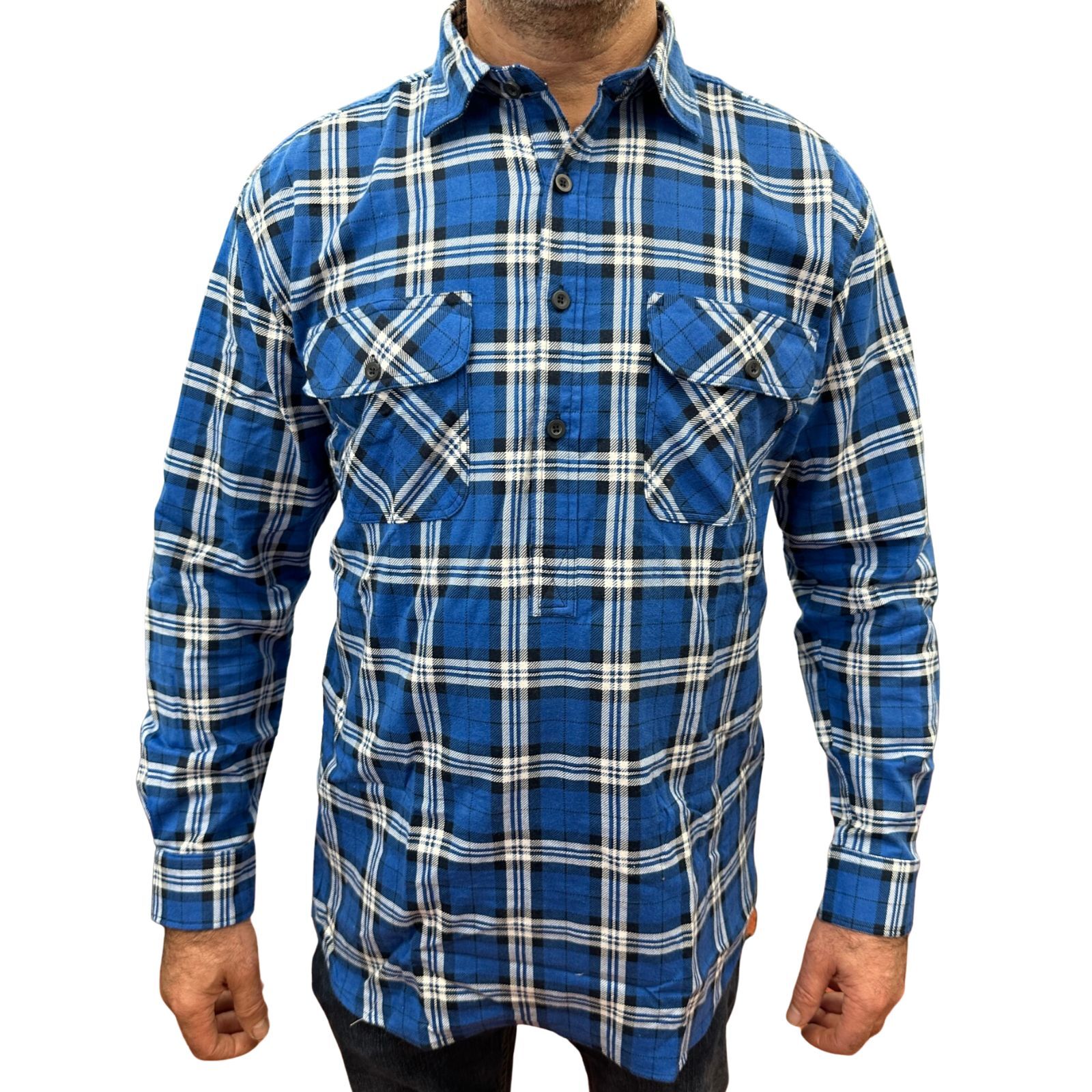 V563-FS-HP22-149-3XL-202503051541-00 Mens Flannelette Long Sleeve Pullover Shirt 100% Cotton Flannel - Half Placket - Navy - 3XL - Image 1
