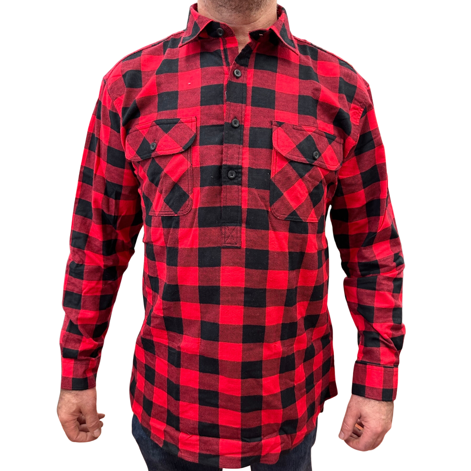 V563-FS-HP22-190-L-202503051536-00 Mens Flannelette Long Sleeve Pullover Shirt 100% Cotton Flannel - Half Placket - Red/Black - L - Image 1