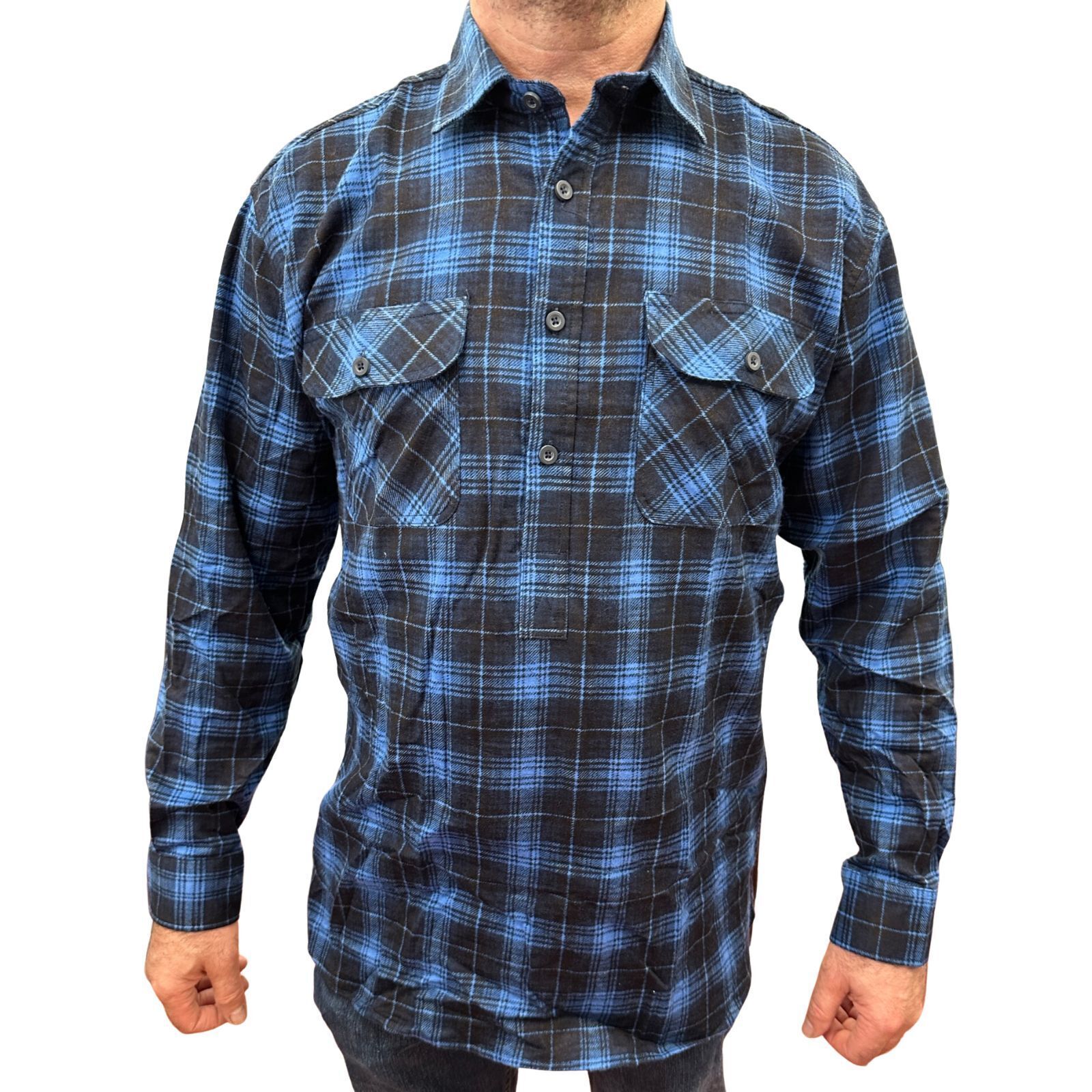 V563-FS-HP22-48-8XL-202503051545-00 Mens Flannelette Long Sleeve Pullover Shirt 100% Cotton Flannel - Half Placket - Blue - 8XL - Image 1