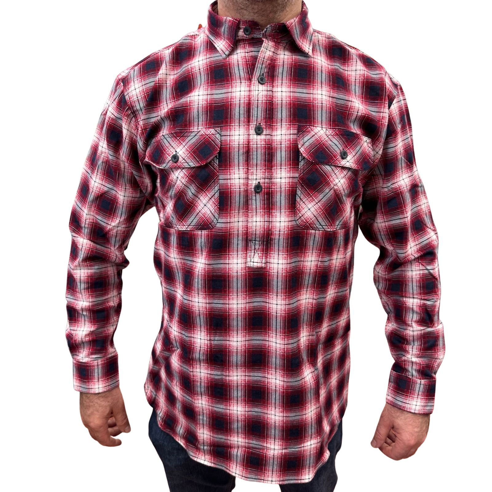 V563-FS-HP22-49-9XL-202503051535-00 Mens Flannelette Long Sleeve Pullover Shirt 100% Cotton Flannel - Half Placket - Red/Black - 9XL - Image 1