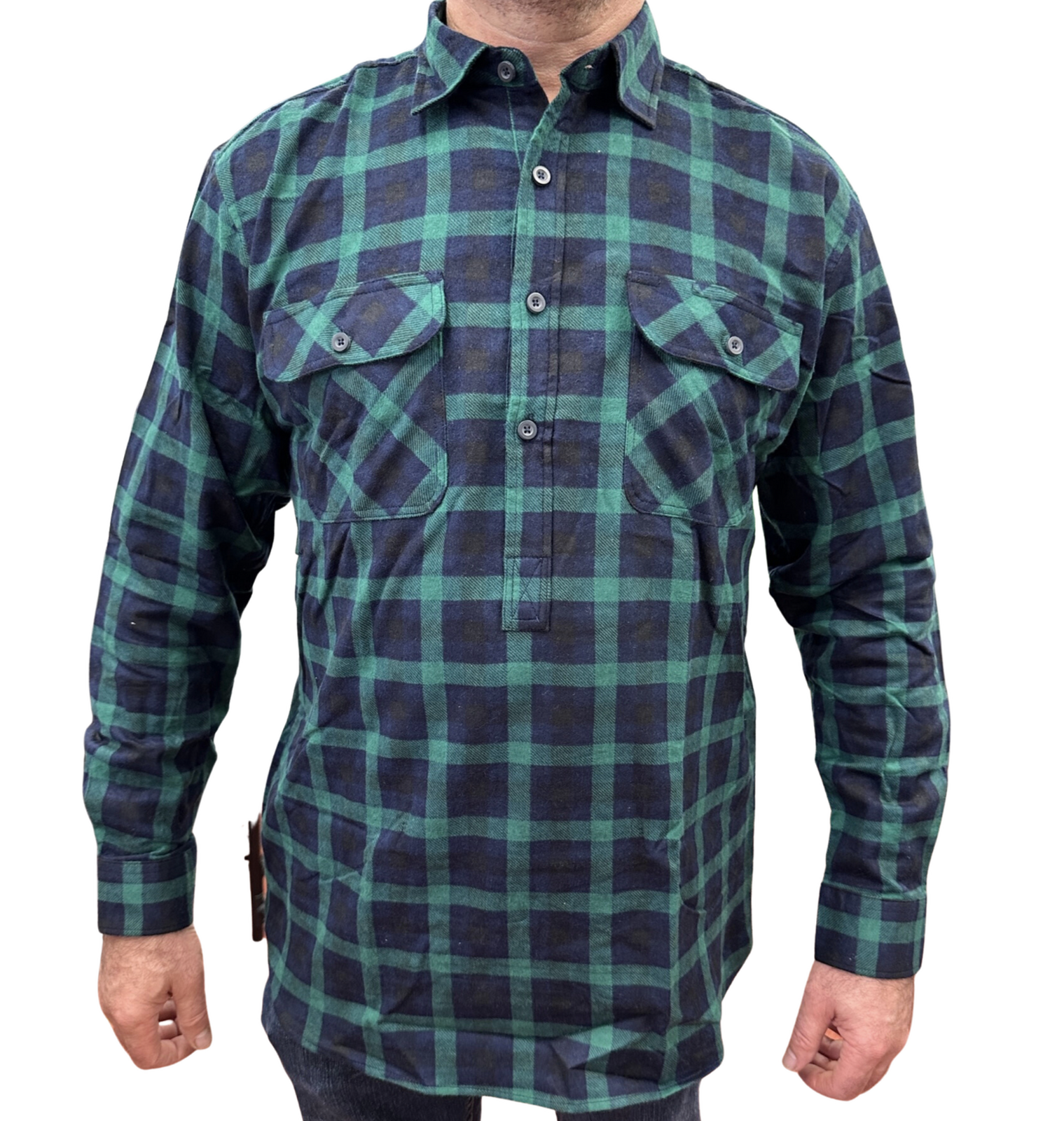 V563-FS-HP22-82-8XL-202503051536-00 Mens Flannelette Long Sleeve Pullover Shirt 100% Cotton Flannel - Half Placket - Green/Navy - 8XL - Image 1