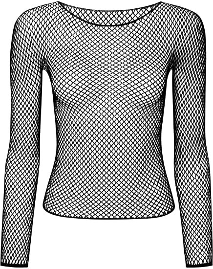 V563-JD-12168-BLK-202503051636-00 LONG SLEEVE FISHNET TOP Blouse T Shirt Tee Costume Party See Through - Black - Image 1
