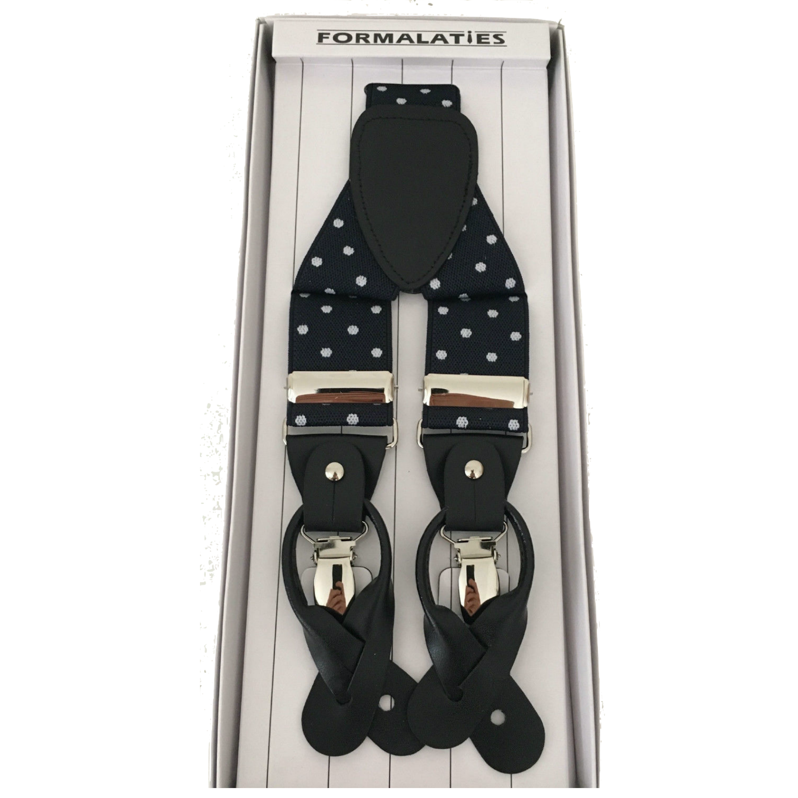 V563-LXRYSUSPENDERS-PLKNVYWHT-202506020817-00 Mens Premium Convertible Suspenders Braces Clip On Elastic Y-Back Traditional Leather Tab - Polka Navy/White - Image 1