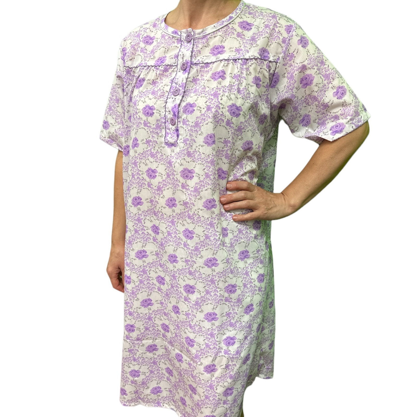 V563-NI-001-LILAC-12-202503051626-00 Womens 100% Cotton Short Sleeve Nightie Gown Night Sleepwear Pyjamas PJ Pajamas - Lilac - 12 - Image 1