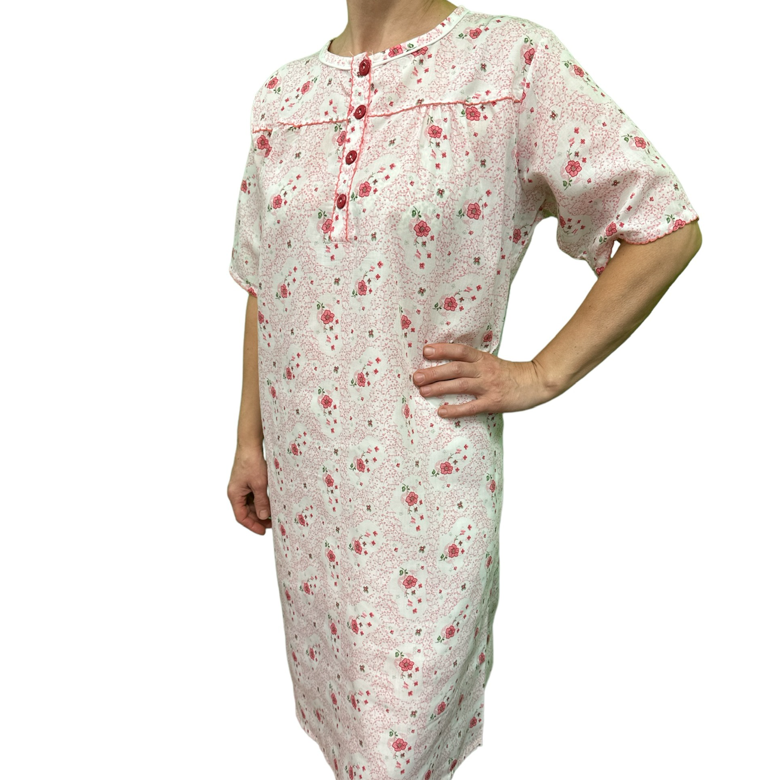 V563-NI-001-PINK-22-202503051636-00 Womens 100% Cotton Short Sleeve Nightie Gown Night Sleepwear Pyjamas PJ Pajamas - Pink - 22 - Image 1