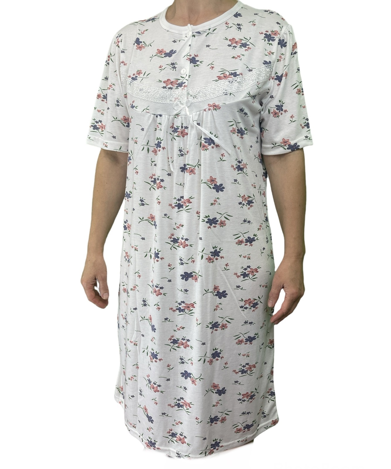 V563-NI-006-PINK-12-202503051621-00 Womens Ladies Cotton Nightie Night Gown Slip Petticoat PJs Sleepwear Dress - White/Pink - 12 - Image 1
