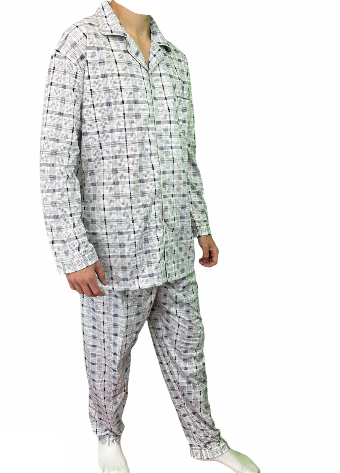 V563-NI-030-BLUE-M-202503051916-00 Mens Cotton Pajamas Pyjamas PJs Long Sleeve Shirt Tops + Pants Set Sleepwear - White/Blue - M - Image 1