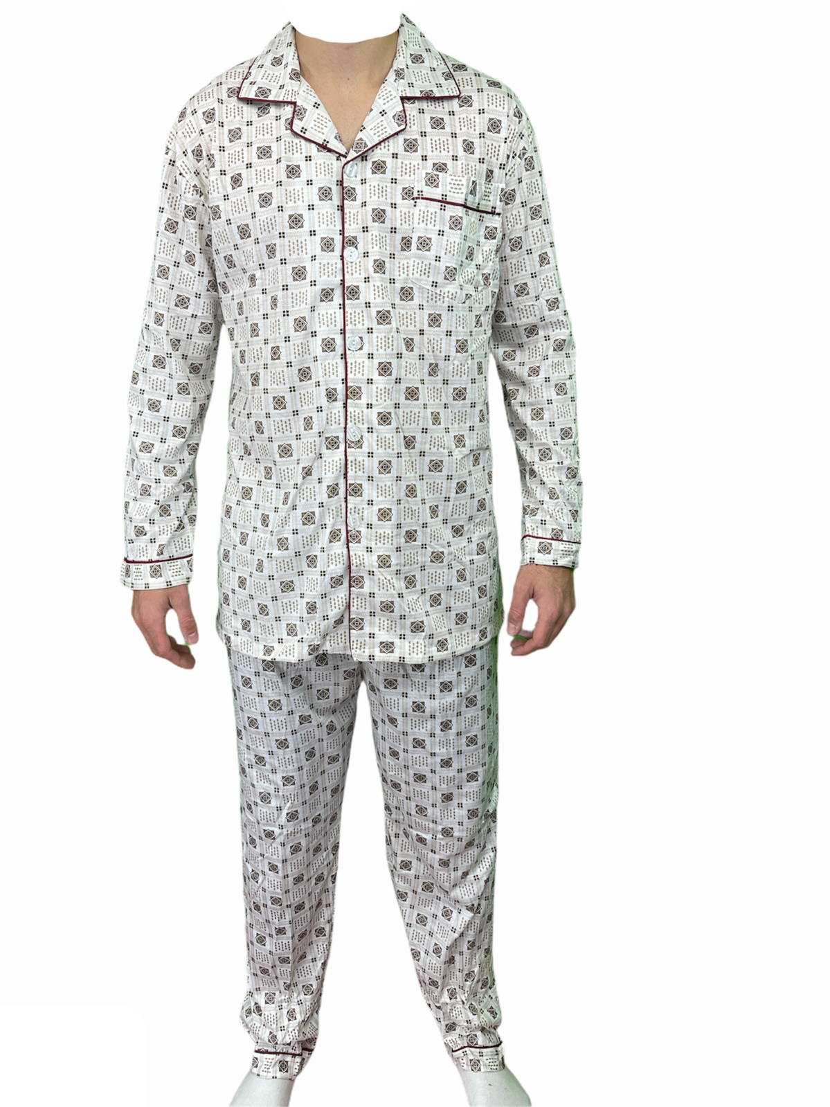 V563-NI-030-BROWN-M-202503051916-00 Mens Cotton Pajamas Pyjamas PJs Long Sleeve Shirt Tops + Pants Set Sleepwear - White/Brown - M - Image 1