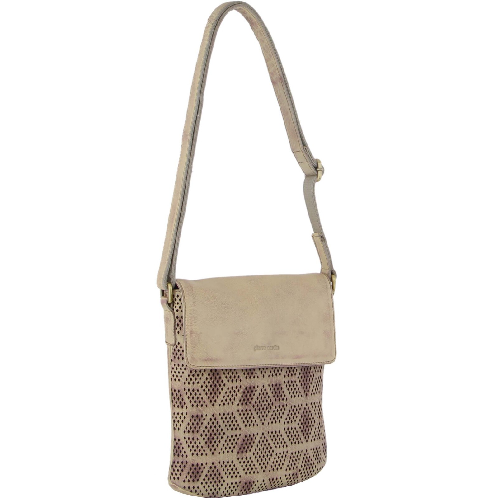 V563-PC-3340-LATTE-174220-00 Pierre Cardin Leather Perforated Cross-Body Bag with Flap Closure - Latte - Image 1