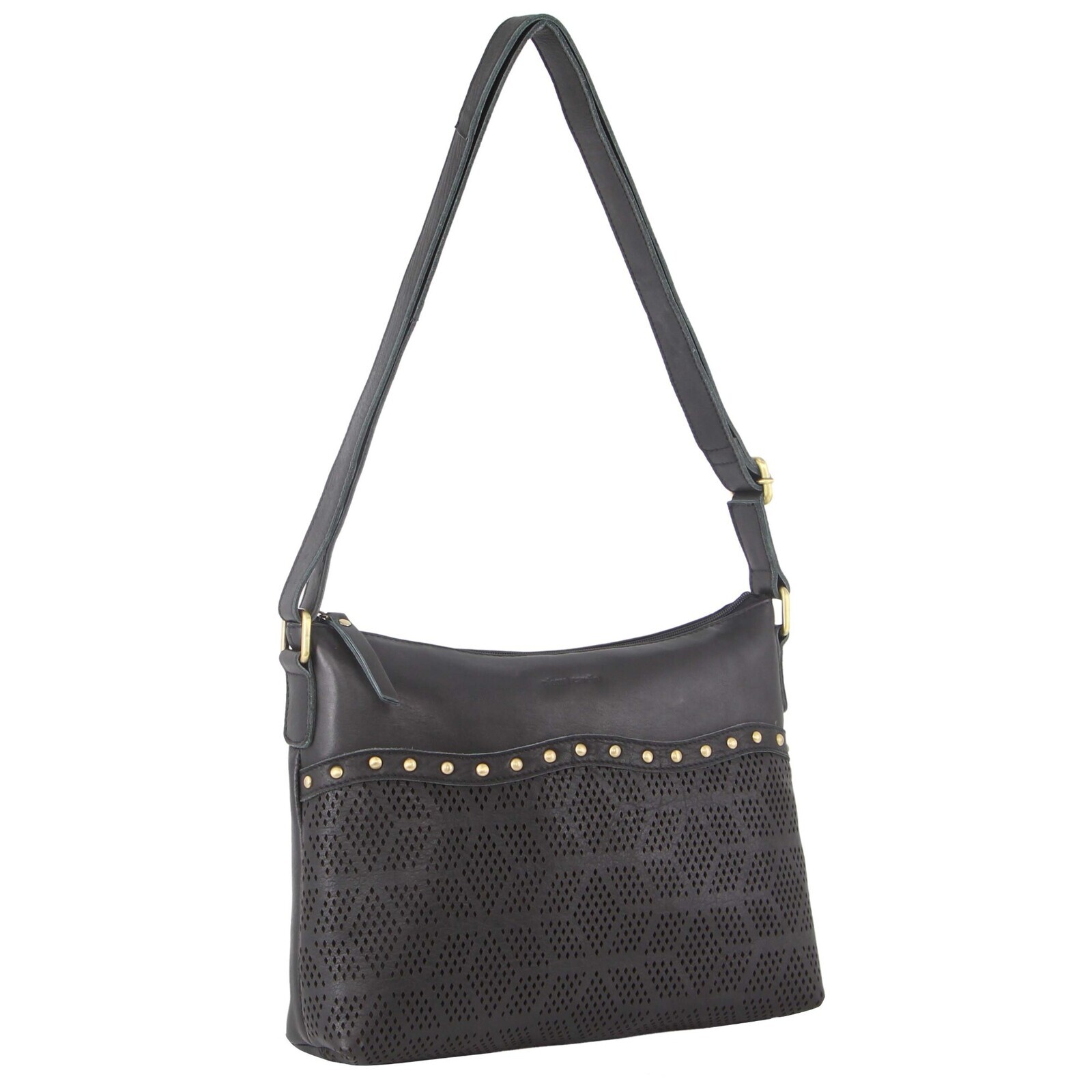 V563-PC-3344-BLACK-174233-00 Pierre Cardin Womens Leather Perforated Cross-Body Bag with stud Detailing - Black - Image 1