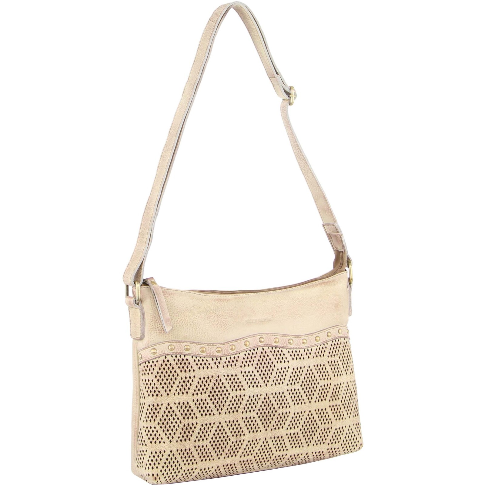 V563-PC-3344-LATTE-174235-00 Pierre Cardin Womens Leather Perforated Cross-Body Bag with stud Detailing - Latte - Image 1