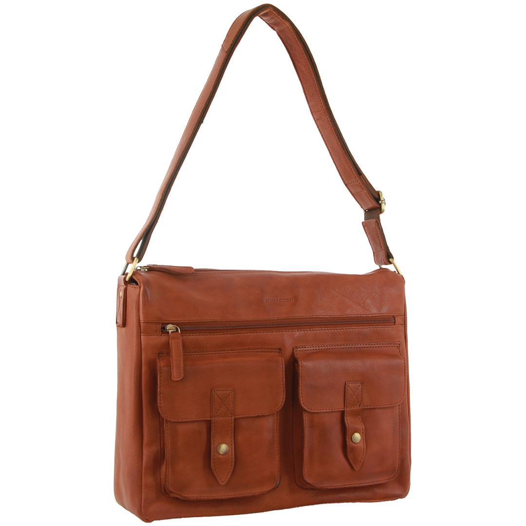 V563-PC2806-COGNAC-150023-00 Pierre Cardin Leather Briefcase Bag Tote 13" Laptop Rustic Satchel Travel - Cognac - Image 1