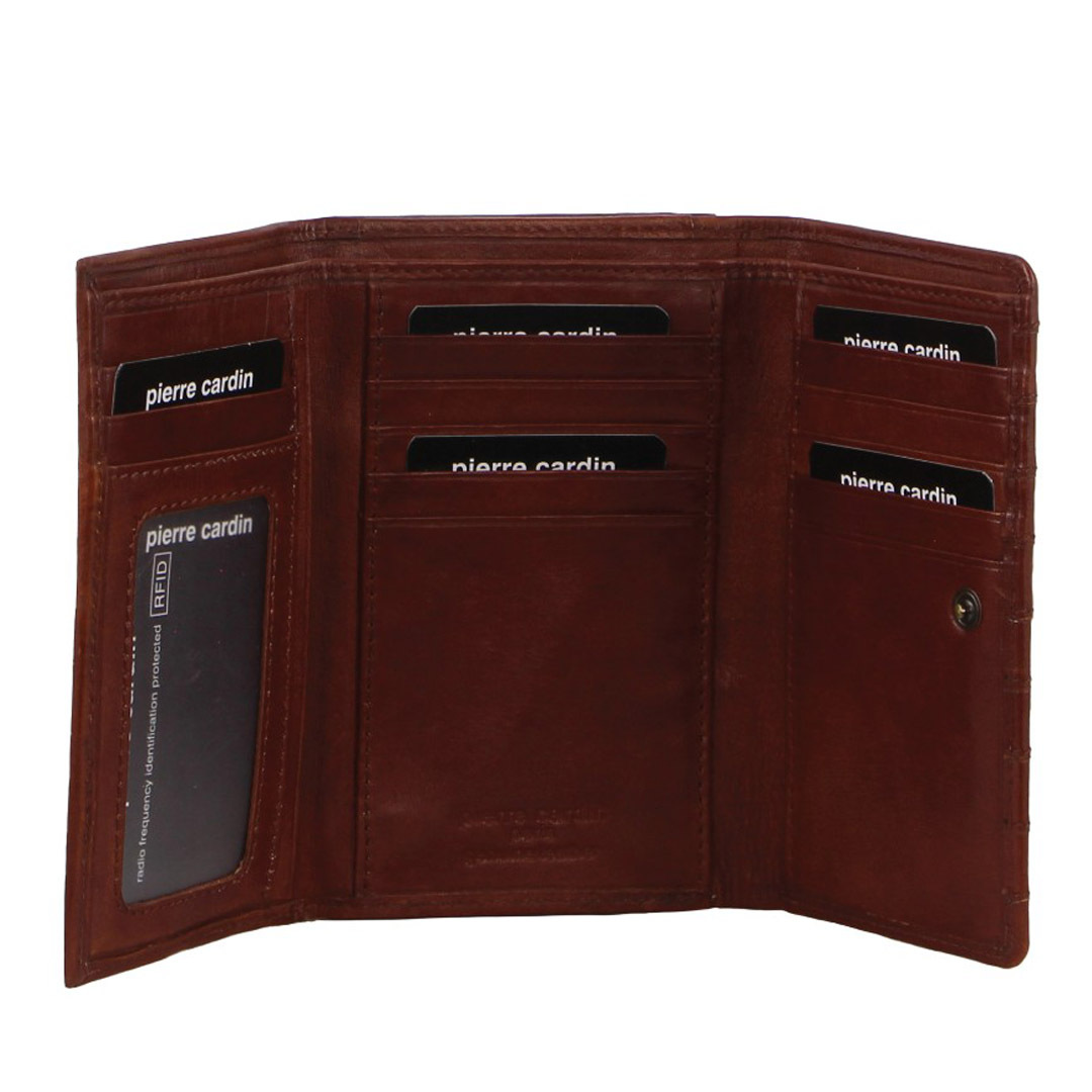 V563-PC3567-TAN-174063-00 Pierre Cardin Womens Leather Wallet Stich Design Large Tri-Fold in Tan Brown - Image 1