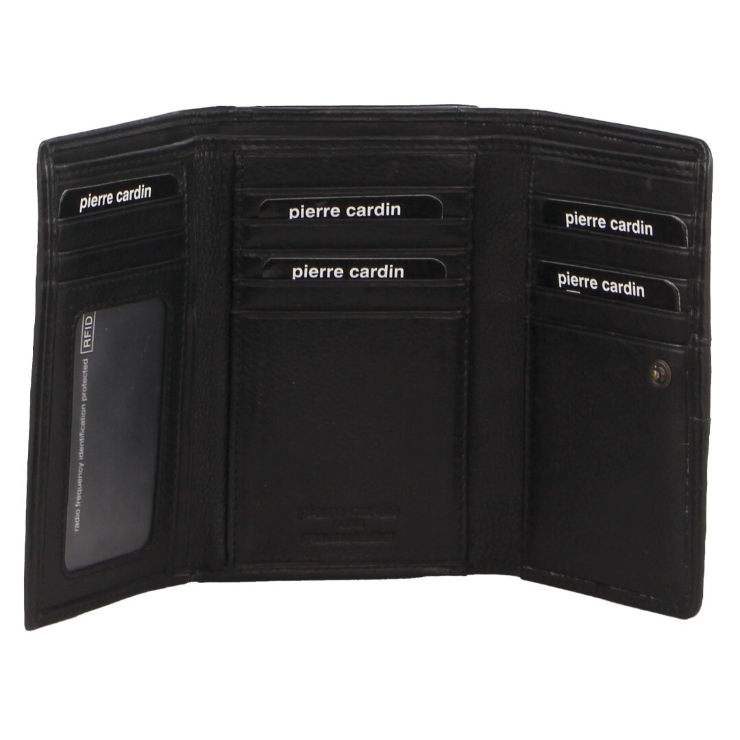 V563-PC3693-BLACK-174051-00 Pierre Cardin Womens Leather Woven Design Tri Fold RFID Wallet Travel in Black - Image 1