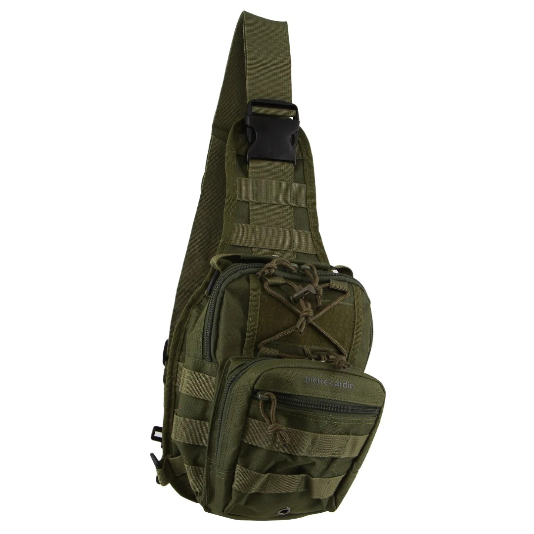 V563-PC3857-GREEN-177420-00 Pierre Cardin Cross Body Tactical Sling Bag Rucksack Army Style in Green - Image 1