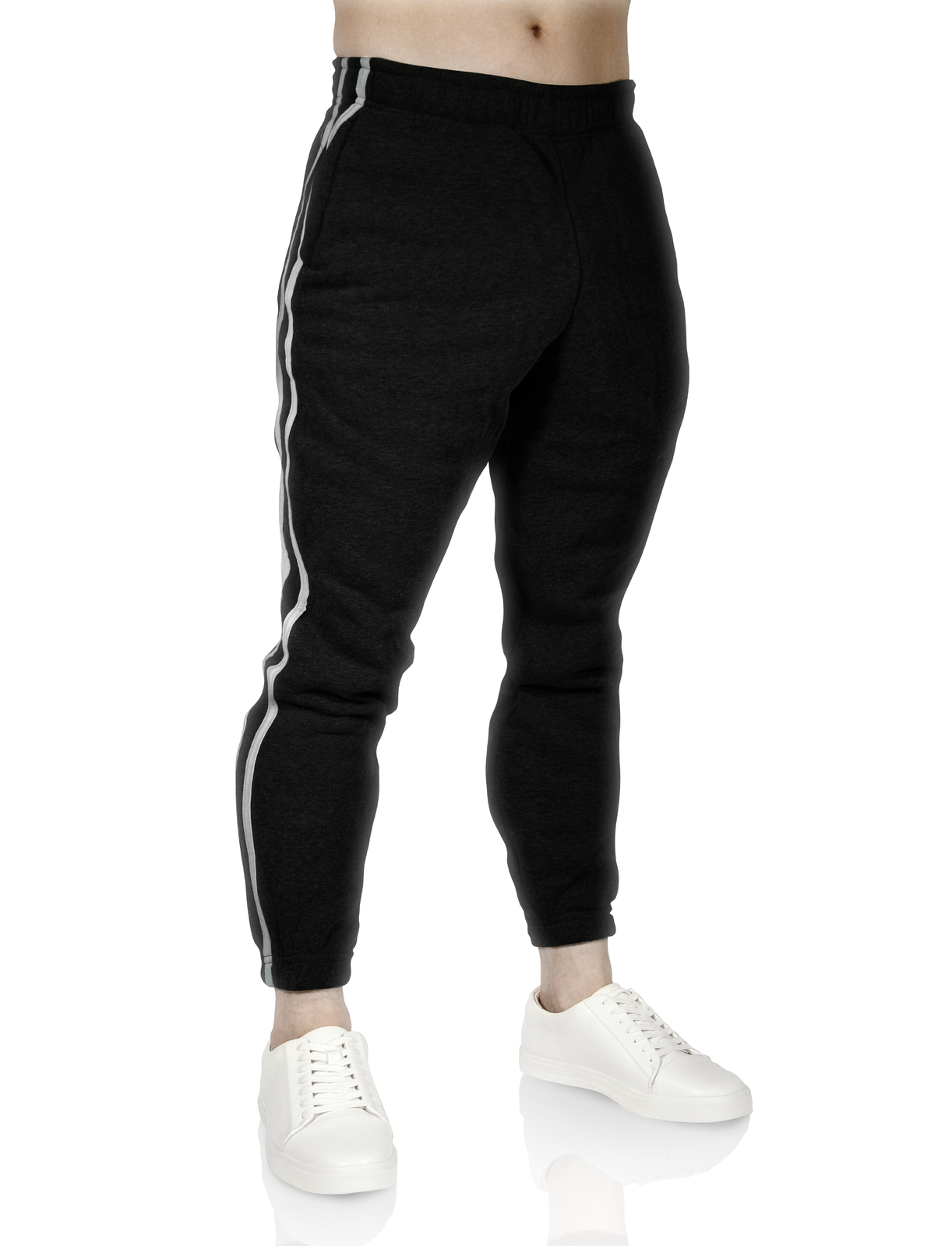 V563-PROWEST-BLACK-XXL-140621-00 Mens Fleece Skinny Track Pants Jogger Gym Casual Sweat Trackies Warm Trousers - Black/White Stripe - XXL - Image 1