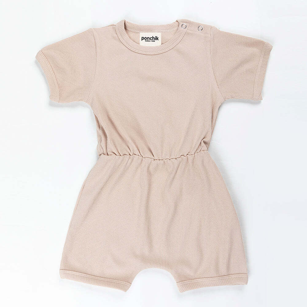 V563-RIBROMPER-SCOOKIE-12_18-202502241339-00 Ponchik Babies + Kids - Ribbed Cotton Romper - Sugar Cookie - 12-18 months - Image 1