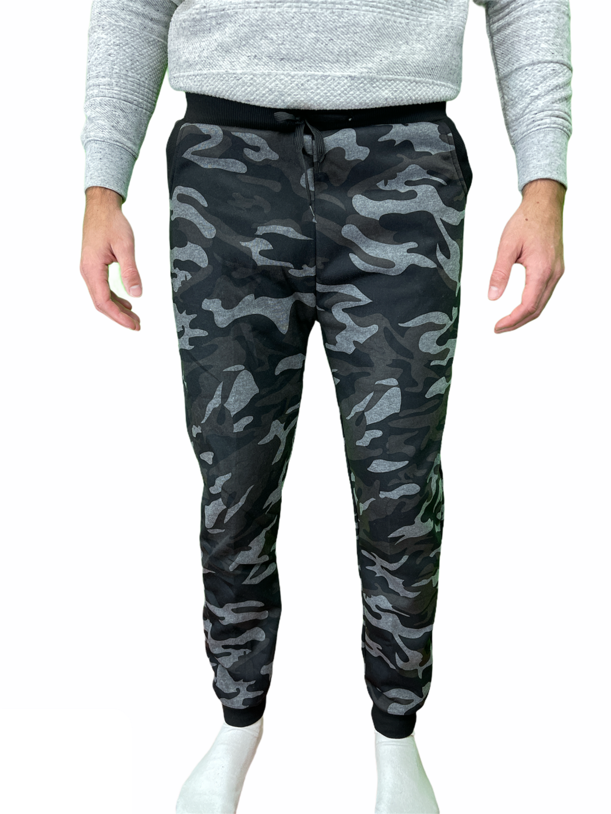 V563-SLIMARMY-CAMO-BLK-S_M-202503051805-00 Mens Camouflage Track Pants Fleece Lined Jogger Camo Sweatpants Trackies - Black/Grey - Small/Medium (28""-32"") - Image 1