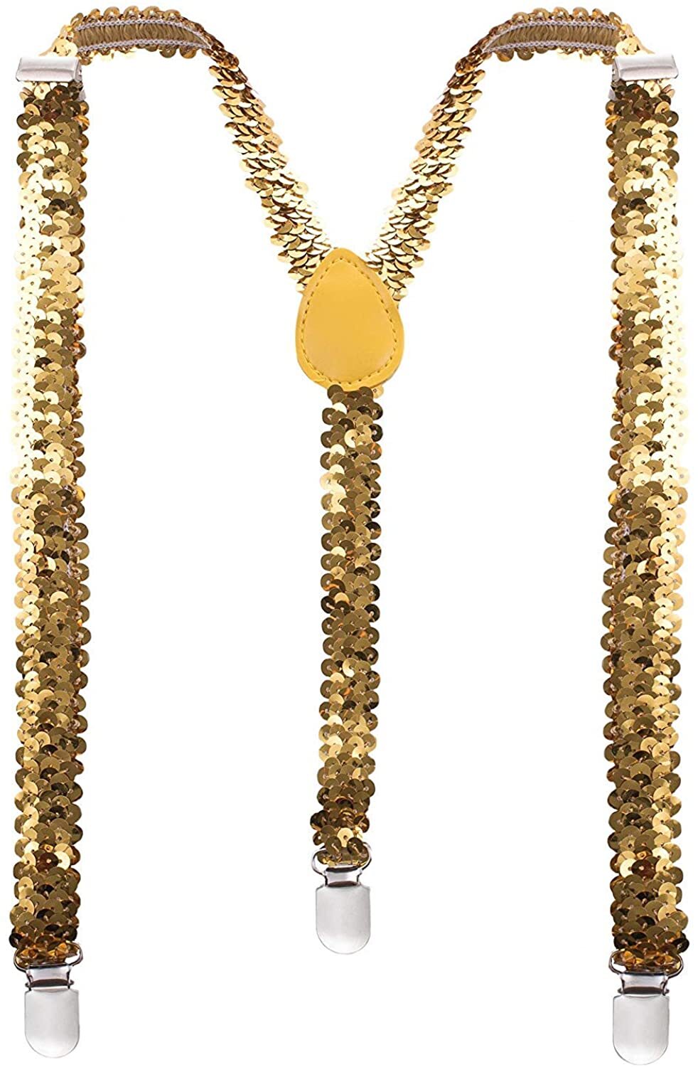 V563-SQNSUSPENDERS-GLD-185108-00 SEQUIN SUSPENDERS Unisex Adjustable Braces Clip On Elastic Y-Back - Gold - Image 1