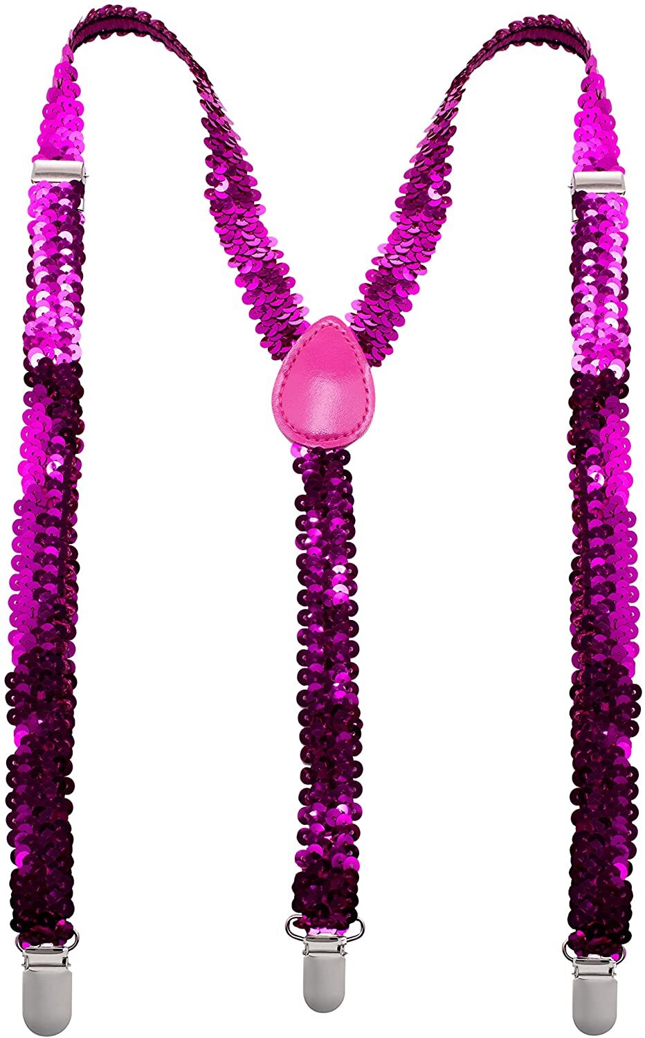 V563-SQNSUSPENDERS-HOTPNK-185112-00 SEQUIN SUSPENDERS Unisex Adjustable Braces Clip On Elastic Y-Back - Hot Pink - Image 1