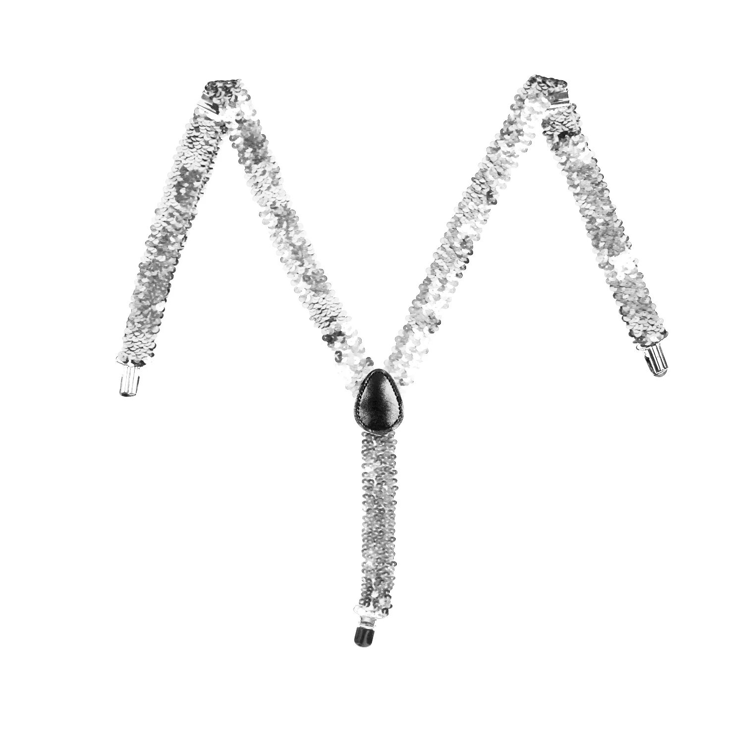 V563-SQNSUSPENDERS-SLVR-202503261945-00 SEQUIN SUSPENDERS Unisex Adjustable Braces Clip On Elastic Y-Back - Silver - Image 1