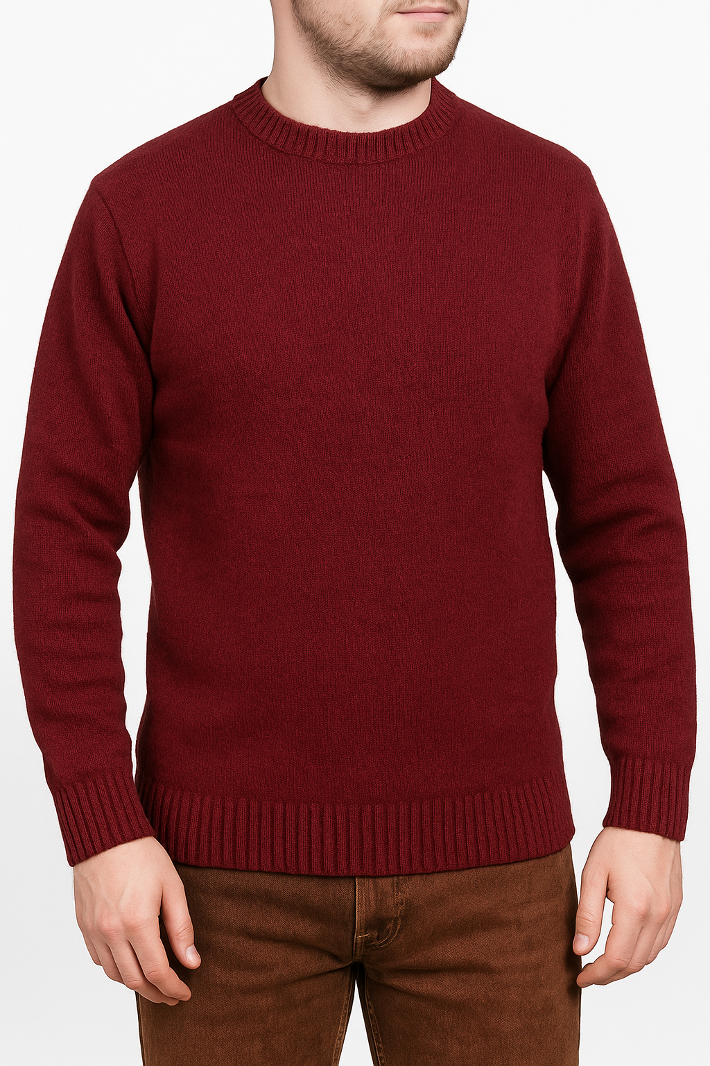 V563-SW-CN-BRGNDY97-4XL-202505121532-00 100% SHETLAND RAGG WOOL CREW Round Neck Knit JUMPER Pullover Mens Sweater Knitted - Burgundy - 4XL - Image 1