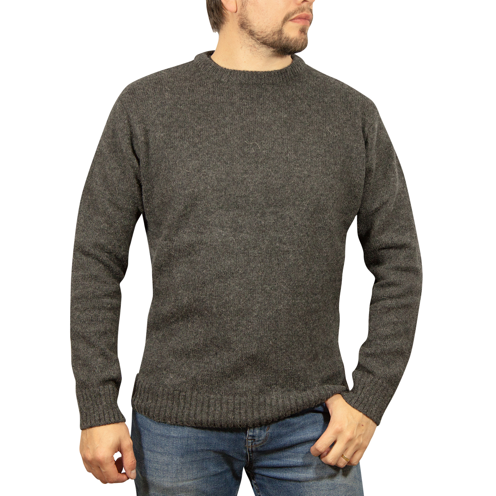 V563-SW-CN-CHRCL29-XL-202505121526-00 Mens 100% Shetland Ragg Wool Round Neck Knit Jumper Pullover Crew Sweater - Charcoal (29) - XL - Image 1