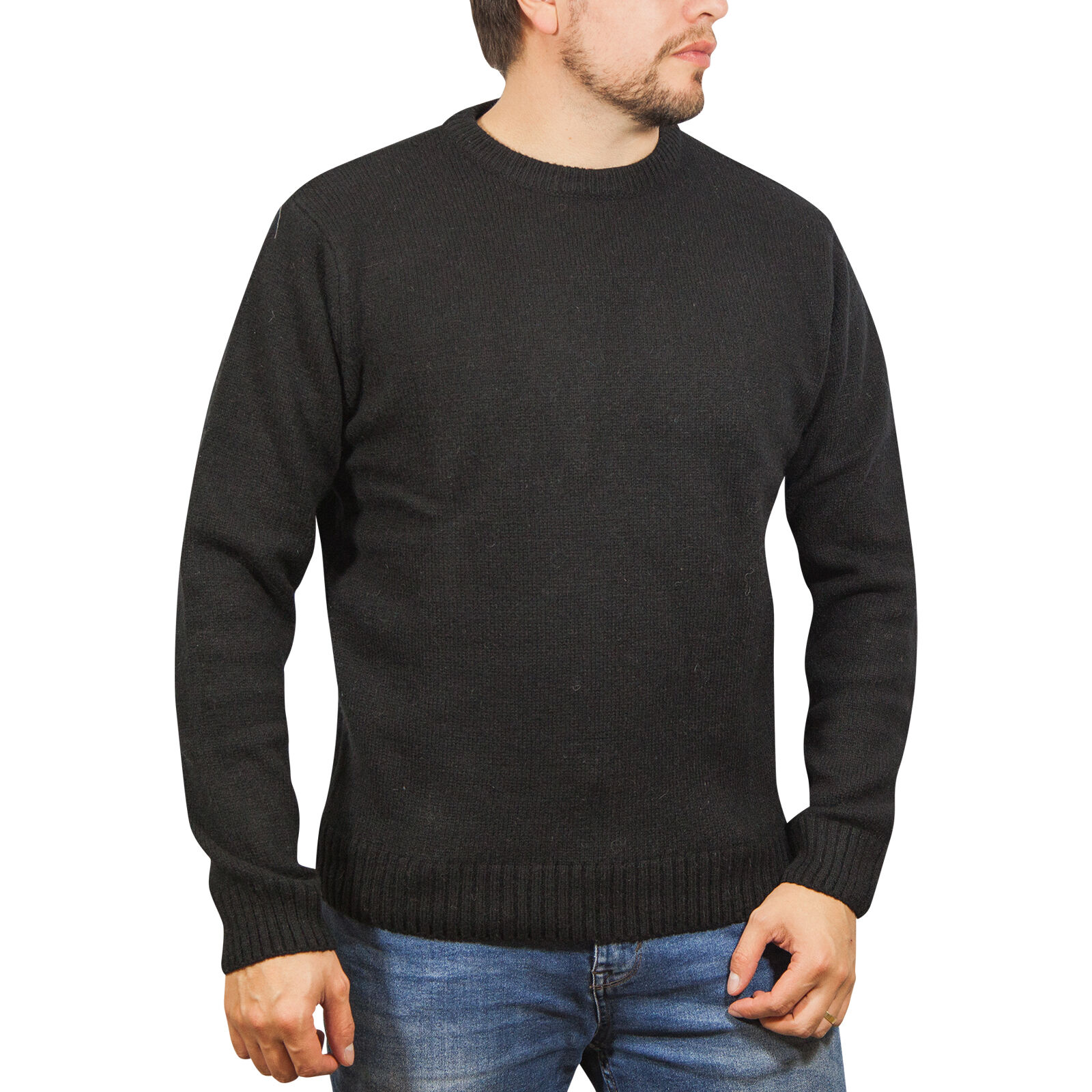 V563-SW-CN-FBK-99B-5XL-202505121517-00 100% SHETLAND RAGG WOOL CREW Round Neck Knit JUMPER Pullover Mens Sweater Knitted - Plain Black - 5XL - Image 1