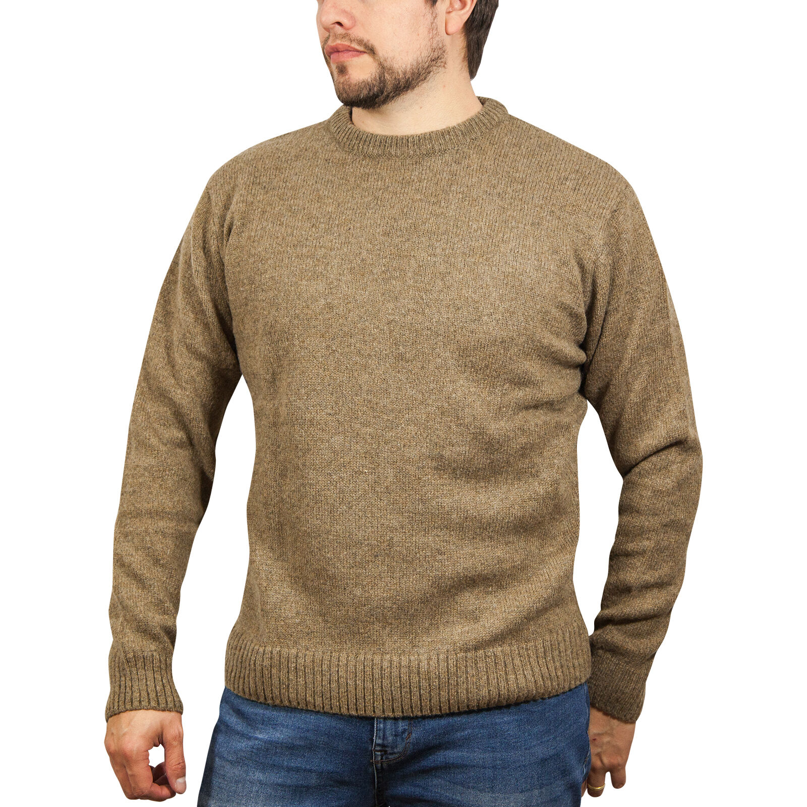 V563-SW-CN-NUTMEG23-S-202505121510-00 100% SHETLAND RAGG WOOL CREW Round Neck Knit JUMPER Pullover Mens Sweater Knitted - Nutmeg - S - Image 1